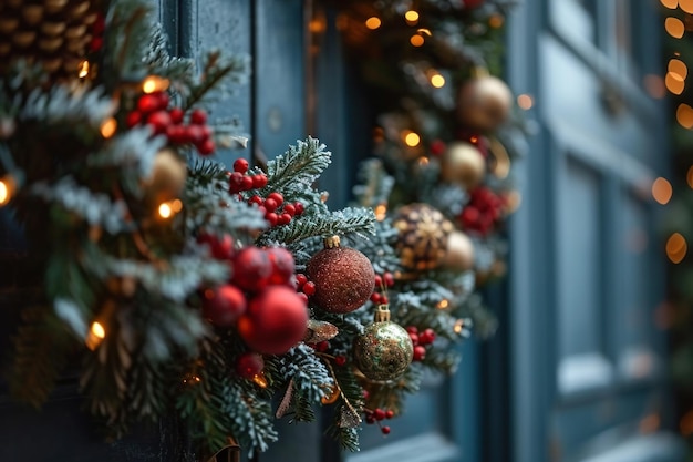 una vista ravvicinata di una porta adornata con una corona di Natale