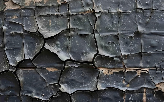 Una vista ravvicinata di una superficie nera che mostra una rete di intricate crepe la consistenza trasmette sia fragilità che età con ogni crepa che racconta una storia di decadimento naturale