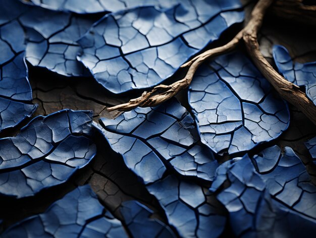 una vista ravvicinata di vernice blu su un ramo di un albero