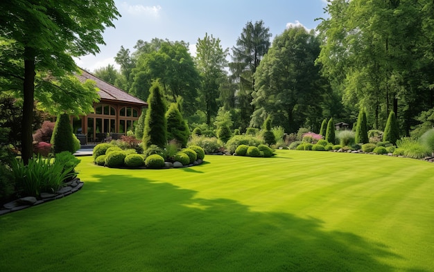 Una vista serena di un prato verde circondato da bellissime piante ben curate in un giardino che crea uno spazio all'aperto armonioso e tranquillo