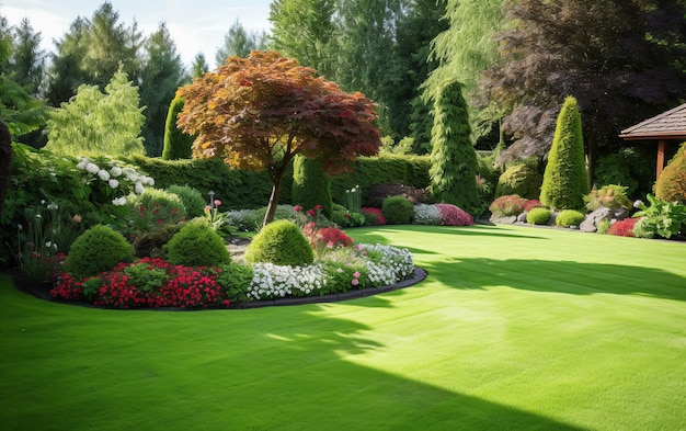 Una vista serena di un prato verde circondato da bellissime piante ben curate