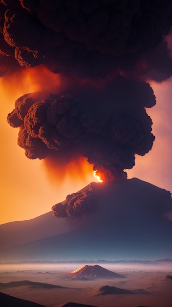 Una vista straordinaria di un vulcano che erutta da una nuvola di fumo Generativo AI