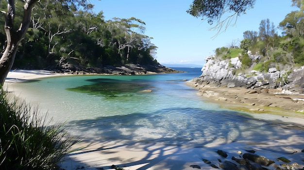 Una vista straordinaria di una bellissima baia di spiaggia con acque cristalline La spiaggia è circondata da un verde lussureggiante e ci sono grandi rocce in primo piano