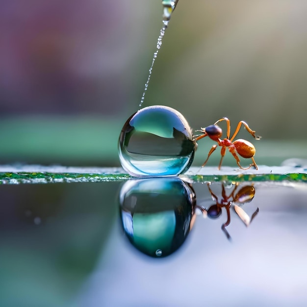 Una vista straordinariamente realistica di una goccia d'acqua con una formica che la tocca con uno sfondo bokeh