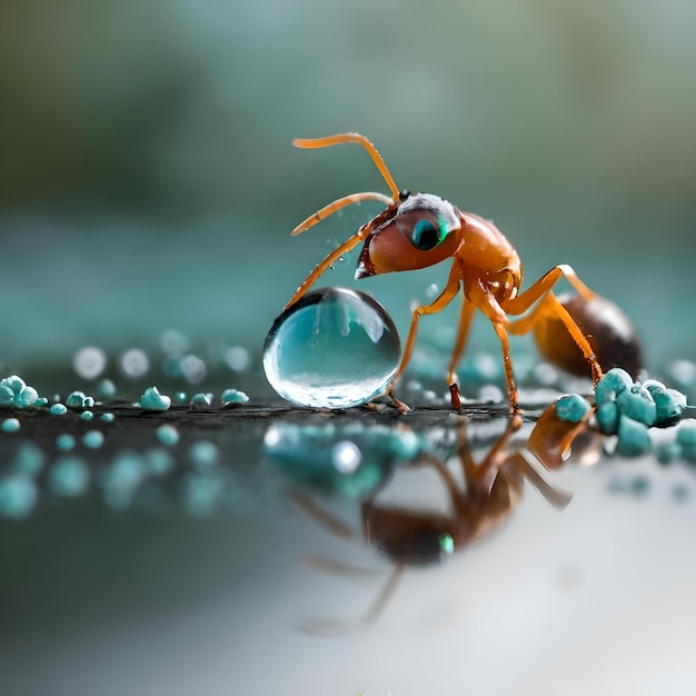 Una vista straordinariamente realistica di una goccia d'acqua con una formica che la tocca con uno sfondo bokeh