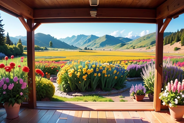 Una vista su un campo di fiori e un portico in legno con vista sulle montagne sullo sfondo.