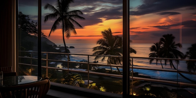 una vista sull'oceano da un balcone al tramonto Finestra vista dalla finestra del resort