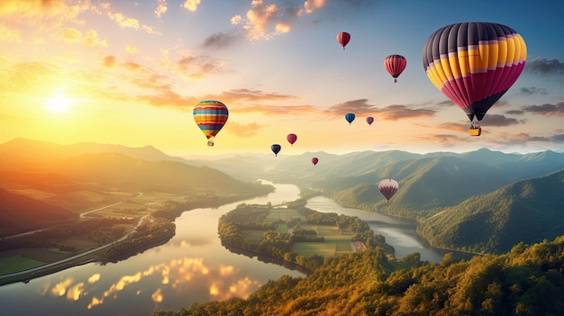 una vista sulle montagne con mongolfiere nel cielo.