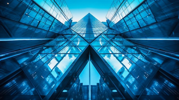 Una vista verso l'alto di un moderno edificio per uffici blu con motivi intricati
