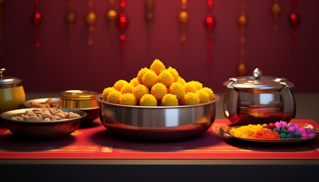 una visualizzazione 3D di un singolo dolce tradizionale indiano come il laddu o il jalebi