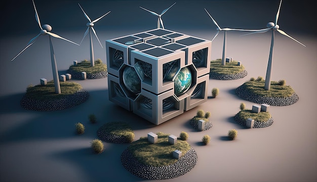 Una visualizzazione 3D di una rete di energia rinnovabile mostra il potenziale di fonti di energia sostenibili come l'energia solare Generated by AI