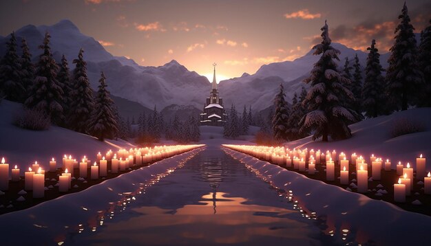 una visualizzazione 3D minimalista di un paesaggio innevato con una scia di candele che porta a un lontano ch