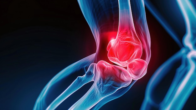 Una visualizzazione radiologica medica di un'articolazione del ginocchio umano che mostra aree rosse di dolore e infiammazione