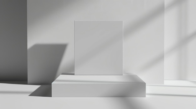 Una visualizzazione semplice ed elegante del prodotto Il rendering 3D presenta una scatola bianca su un piedistallo bianco con una luce morbida che brilla dall'alto