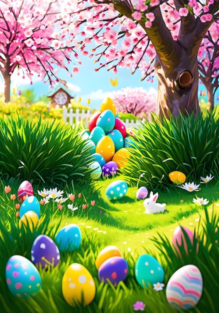 Una vivace caccia alle uova di Pasqua in un giardino in fiore il lunedì di Pasqua