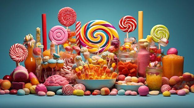 Una vivace collezione di caramelle e dolci colorati catturati in una fotografia