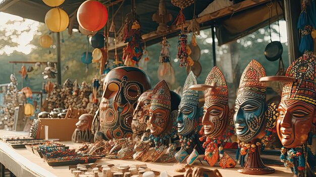 Una vivace collezione di maschere colorate adorna una tavola di Carnevale a quadretti