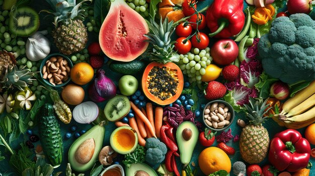 Una vivace esposizione di cibo sano ed equilibrato Una rappresentazione generata da AIG di una dieta equilibrata