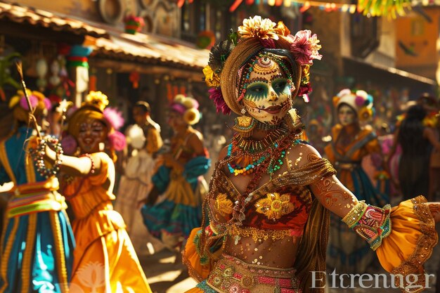 Una vivace festa culturale con costumi colorati
