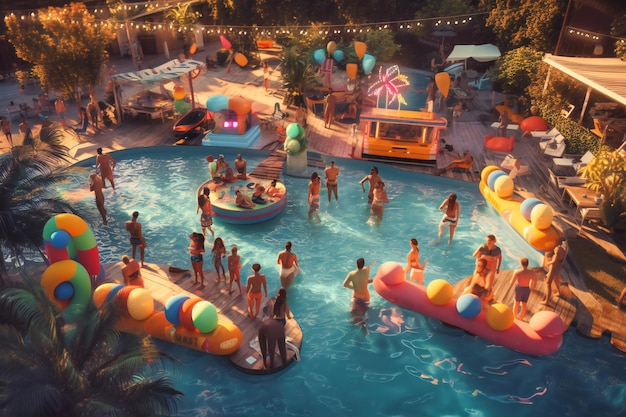 Una vivace festa in piscina all'aperto con gli amici che sguazzano nell'acqua con carri colorati e musica allegra