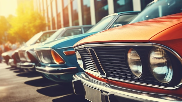 Una vivace gamma di muscle car classiche con vernici luccicanti e dettagli cromati simboleggia la storia e la cultura automobilistica americana