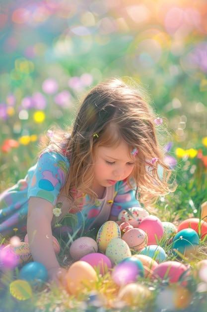 Una vivace mattina di Pasqua Un giovane esploratore e la loro collezione di uova RainbowHued al sole