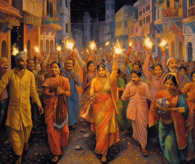 Una vivace processione di strada durante il Diwali