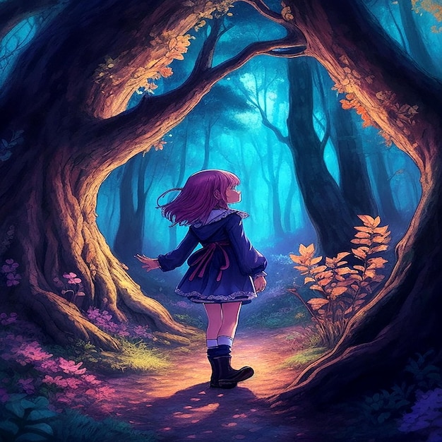 Una vivace scena anime disegnata a mano con una giovane ragazza in una foresta magica generata dall'intelligenza artificiale