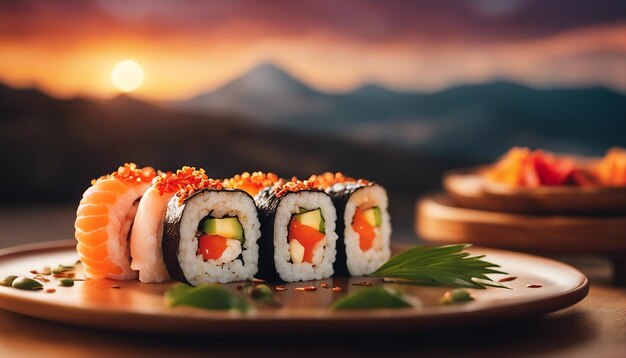 Una vivace scena del tramonto con il sushi organizzato in modo creativo su un piatto