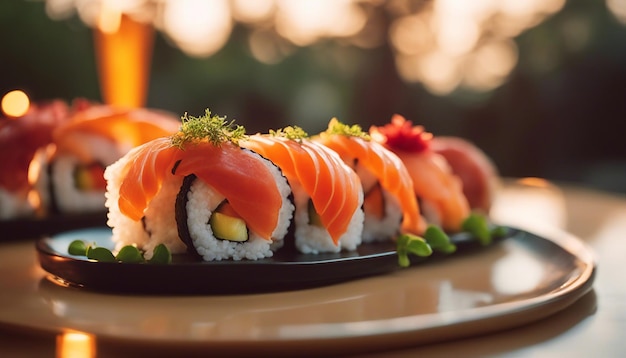 Una vivace scena del tramonto con il sushi organizzato in modo creativo su un piatto