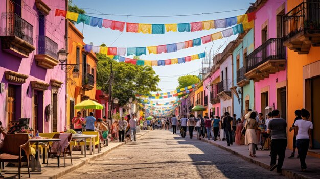 una vivace scena di strada con case decorate con colorati motivi a teschio di zucchero