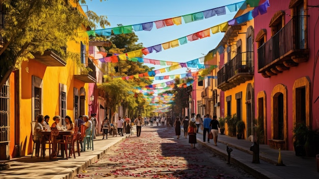 una vivace scena di strada con case decorate con colorati motivi a teschio di zucchero