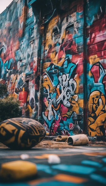 Una vivace scena di street art con murales coperti di graffiti e arte espressiva urbana
