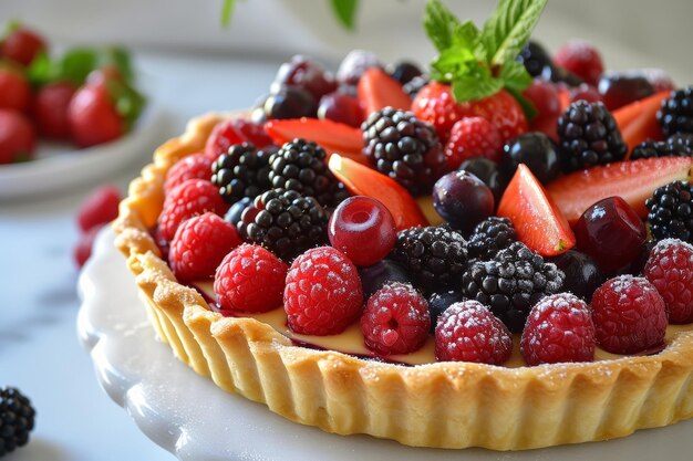 Una vivace torta di frutta con un medley di bacche fresche in cima a un guscio di pasticceria a scaglie di burro