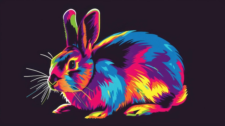 Foto una vivida illustrazione di un coniglio esplode con sfumature al neon su uno sfondo nero