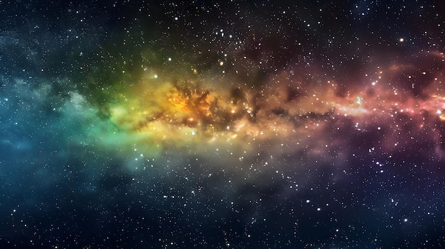 Una vivida scena spaziale con nebulose vibranti e stelle orizzontali dai colori dell'arcobaleno