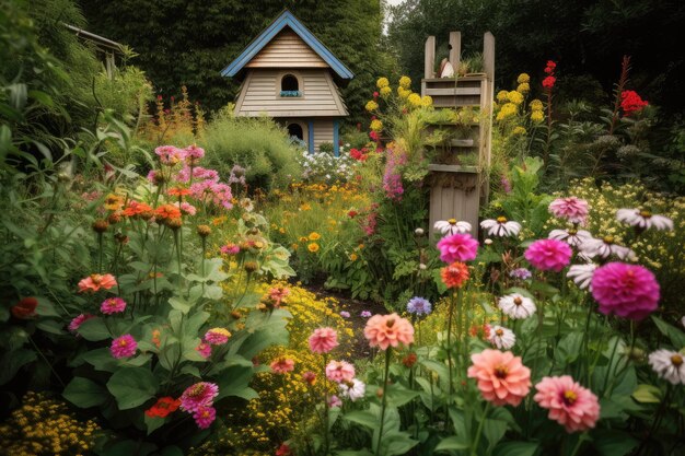 Una voliera circondata da un rigoglioso giardino con fiori colorati e farfalle