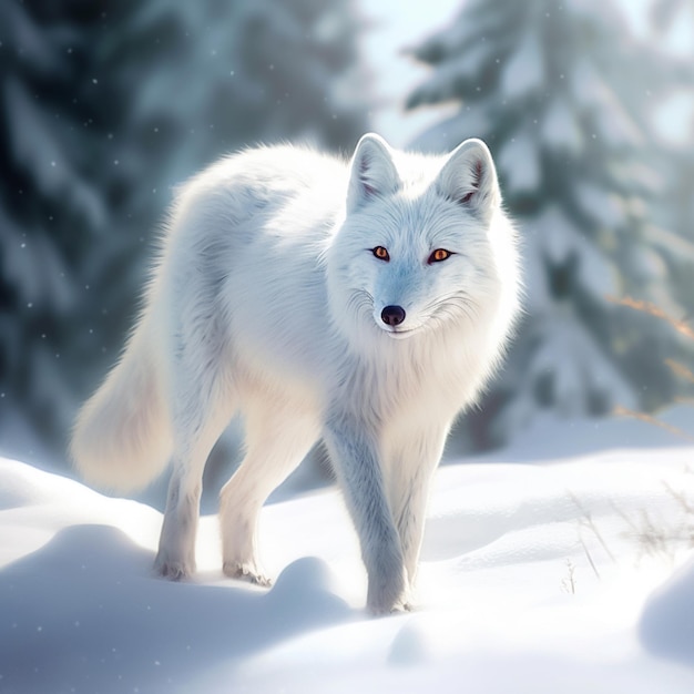 Una volpe bianca con gli occhi azzurri si trova nella neve.