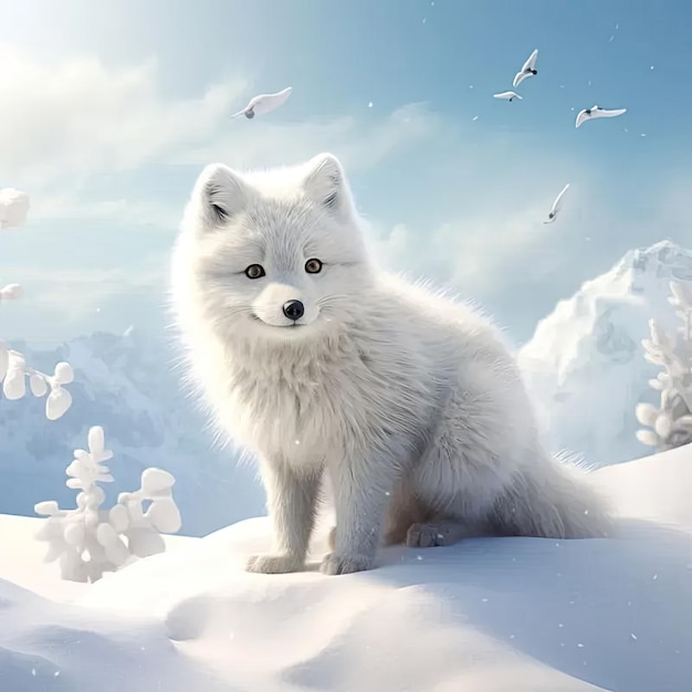 Una volpe bianca seduta in cima a una collina coperta di neve