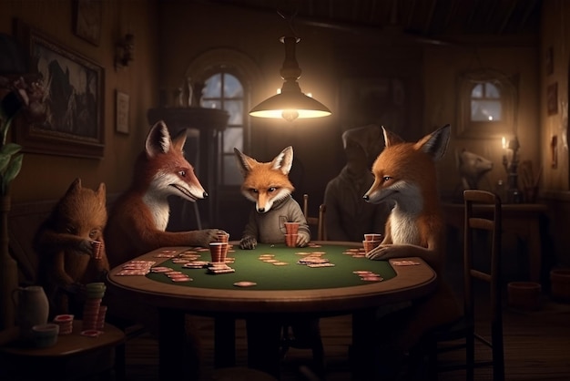 Una volpe che gioca a carte in un bar