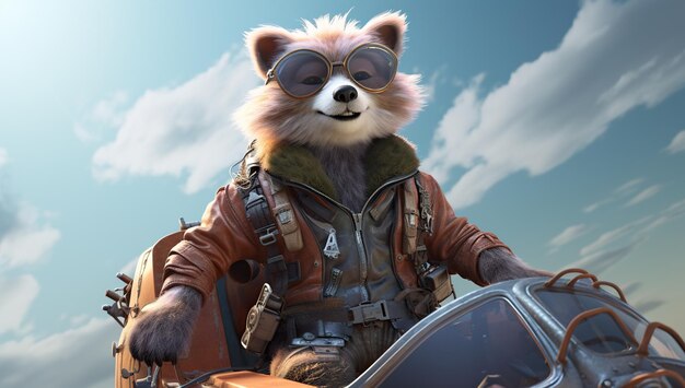 Una volpe con gli occhiali e una giacca di pelle appoggiata a un manubrio di moto contro un cielo