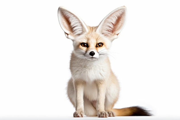 Una volpe fennec si trova su uno sfondo bianco.