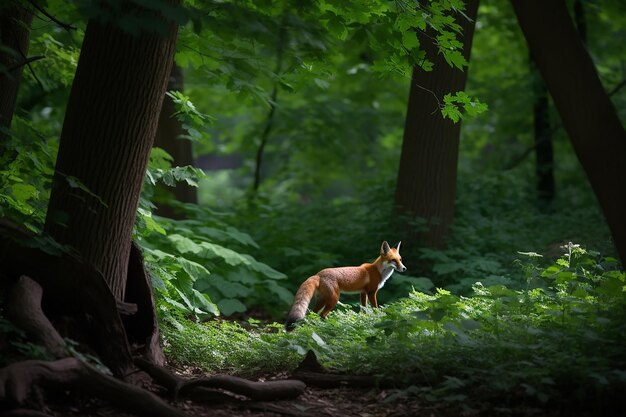 una volpe nel bosco con un cartello che dice volpe