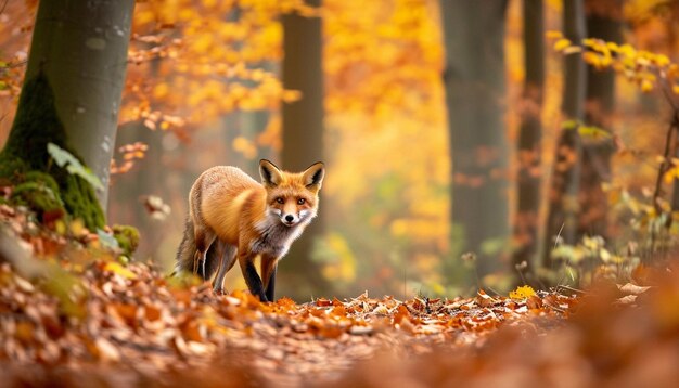 una volpe rossa solitaria che esplora una densa foresta d'autunno