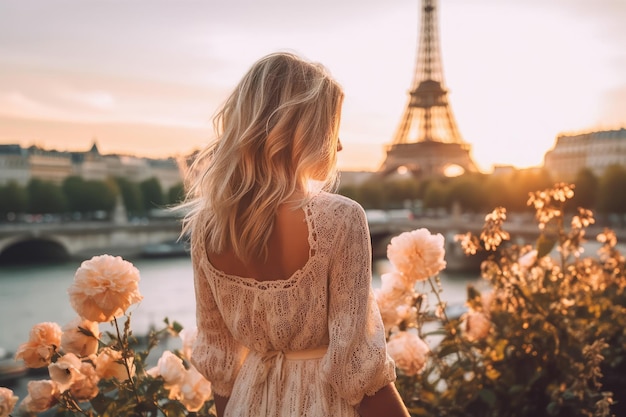 Una volta a Parigi Torna una bella ragazza snella e chic con lunghi capelli biondi contro la torre Eiffel IA generativa