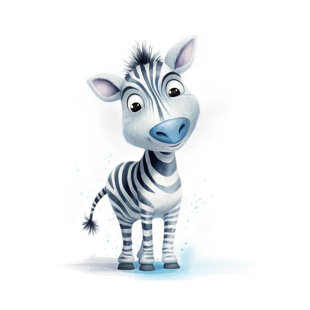 Una zebra cartone animato con un naso blu e un naso nero è in piedi su uno sfondo bianco.