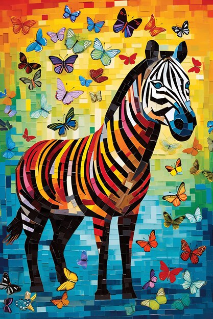 una zebra con farfalle sullo sfondo