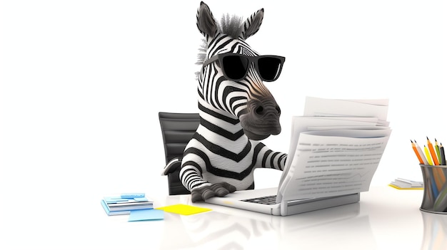 Una zebra con gli occhiali da sole è seduta a una scrivania e sta lavorando su un portatile Ci sono documenti e un supporto per matite sulla scrivania