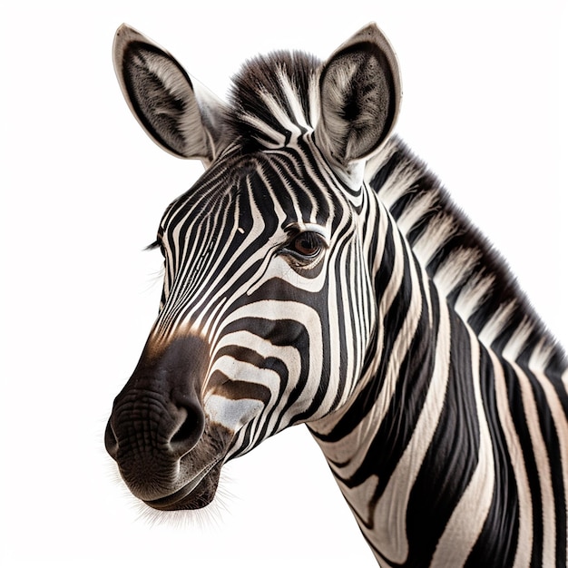 Una zebra con strisce bianche e nere e un naso nero.