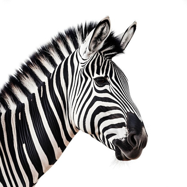 Una zebra con strisce bianche e nere e uno sfondo bianco.